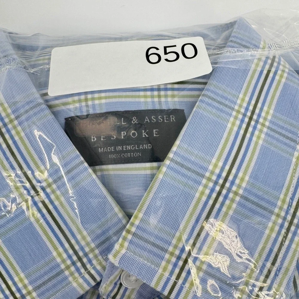 Turnbull Asser Bespoke Mens Blue Green‎ Plaid Dress Shirt Neck 15
